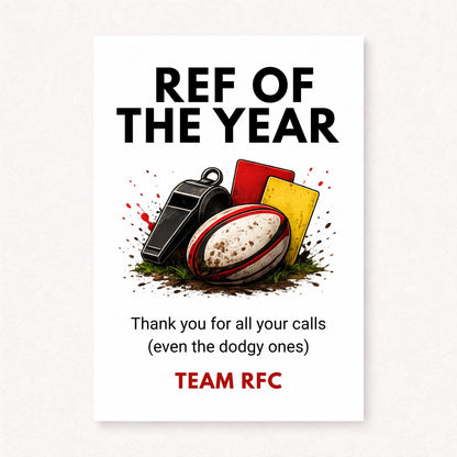 Personalised rugby referee thank you card featuring rugby ball, whistle and referee cards illustration with Ref Of The Year text and funny dodgy calls message