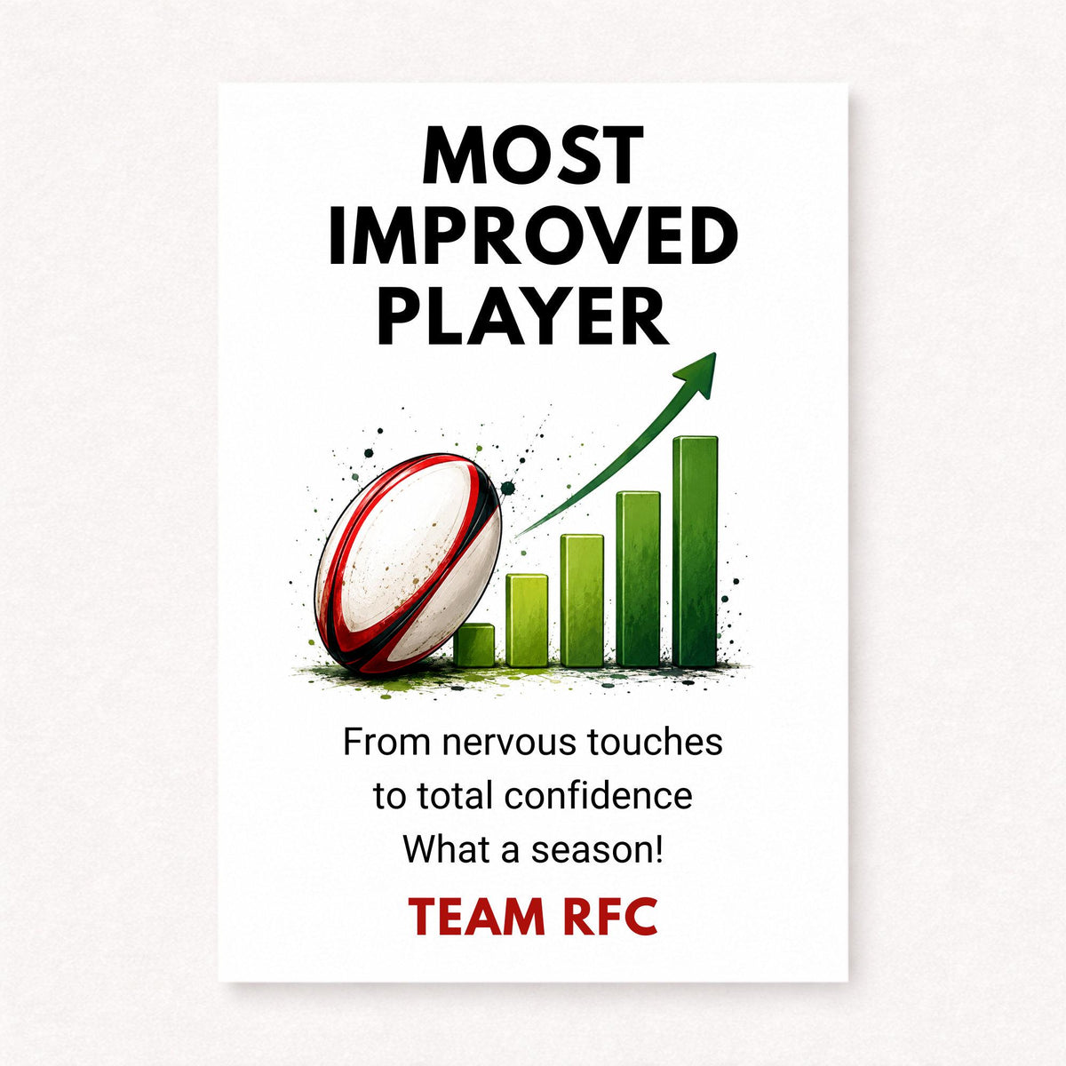 Personalised rugby most improved player card featuring rugby ball and green growth chart illustration with motivational season message