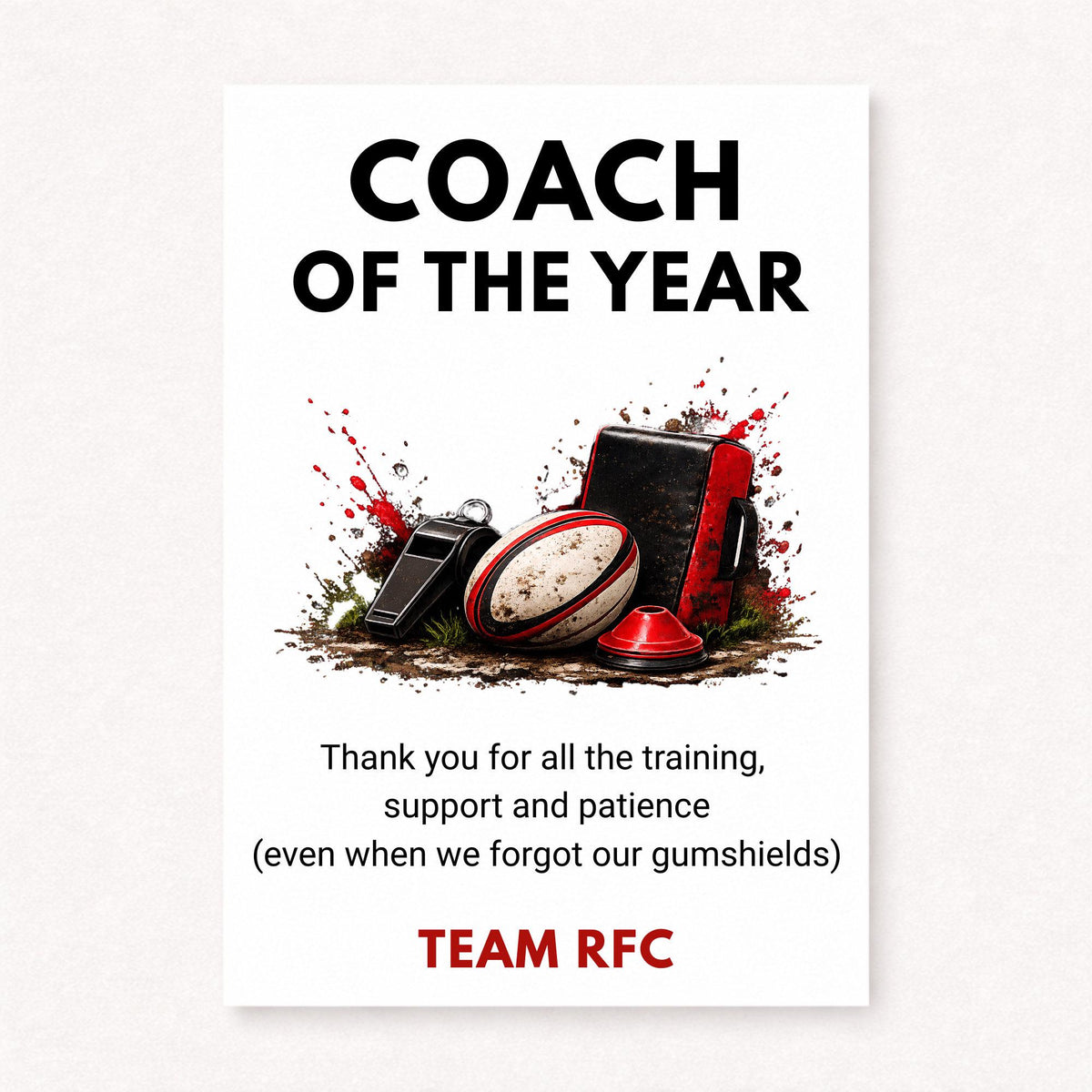 Personalised rugby coach thank you card featuring rugby ball, whistle, tackle pad and training cone illustration with Coach Of The Year text