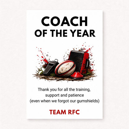 Personalised rugby coach thank you card featuring rugby ball, whistle, tackle pad and training cone illustration with Coach Of The Year text