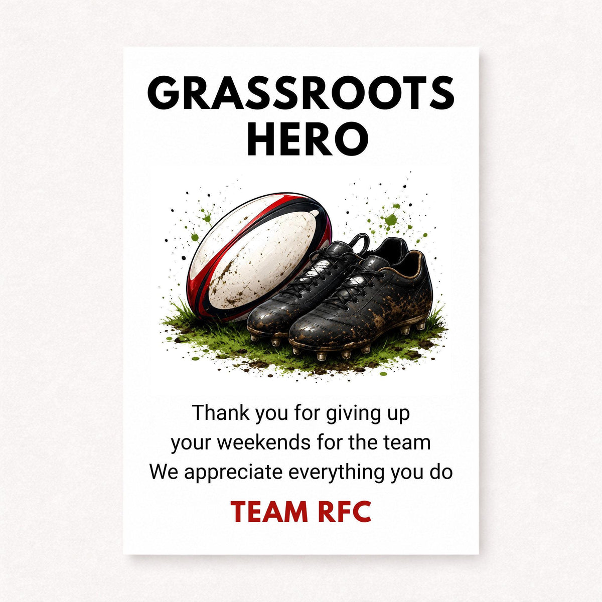 Personalised grassroots rugby thank you card featuring rugby ball and muddy rugby boots illustration with Grassroots Hero text