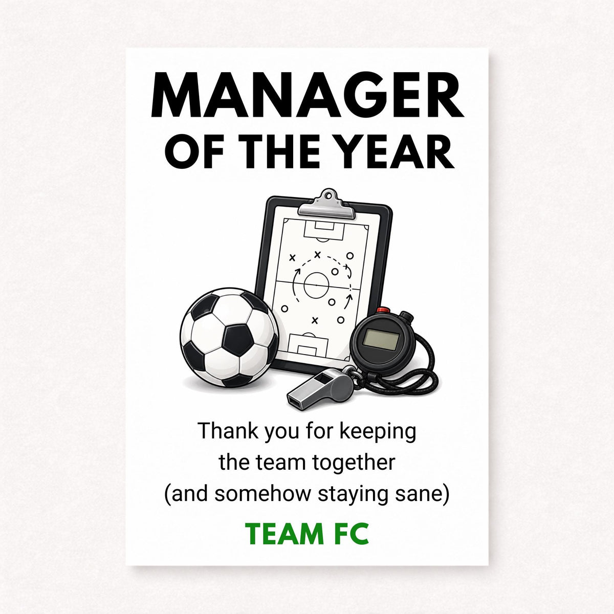 A5 personalised football manager thank you card featuring a football tactics clipboard, stopwatch, whistle and football with “Manager Of The Year” text on a clean white background.