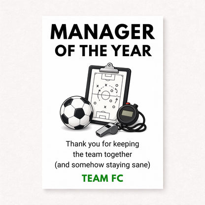 A5 personalised football manager thank you card featuring a football tactics clipboard, stopwatch, whistle and football with “Manager Of The Year” text on a clean white background.