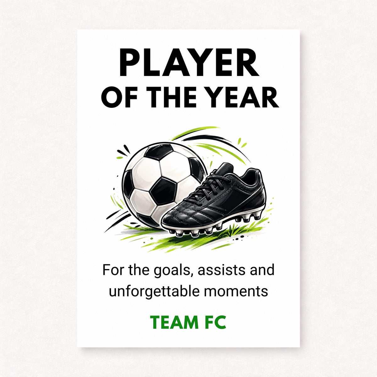 A5 personalised football Player Of The Year card featuring a football and black football boot with bold typography on a clean white background.