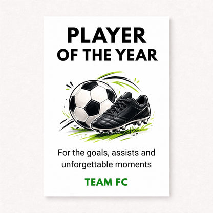 A5 personalised football Player Of The Year card featuring a football and black football boot with bold typography on a clean white background.