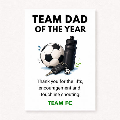 A5 personalised football Team Dad card featuring a football, black sports bottle and car keys with “Team Dad Of The Year” text on a clean white background.