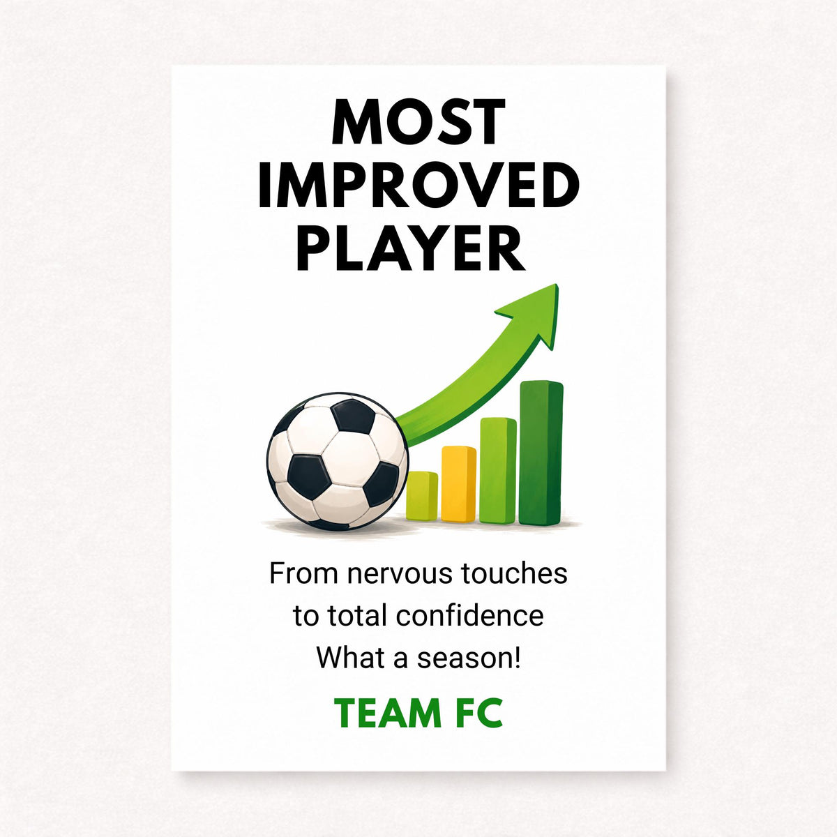 A5 personalised Most Improved Player football card featuring a football and green upward progress chart with bold typography on a clean white background.