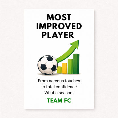 A5 personalised Most Improved Player football card featuring a football and green upward progress chart with bold typography on a clean white background.