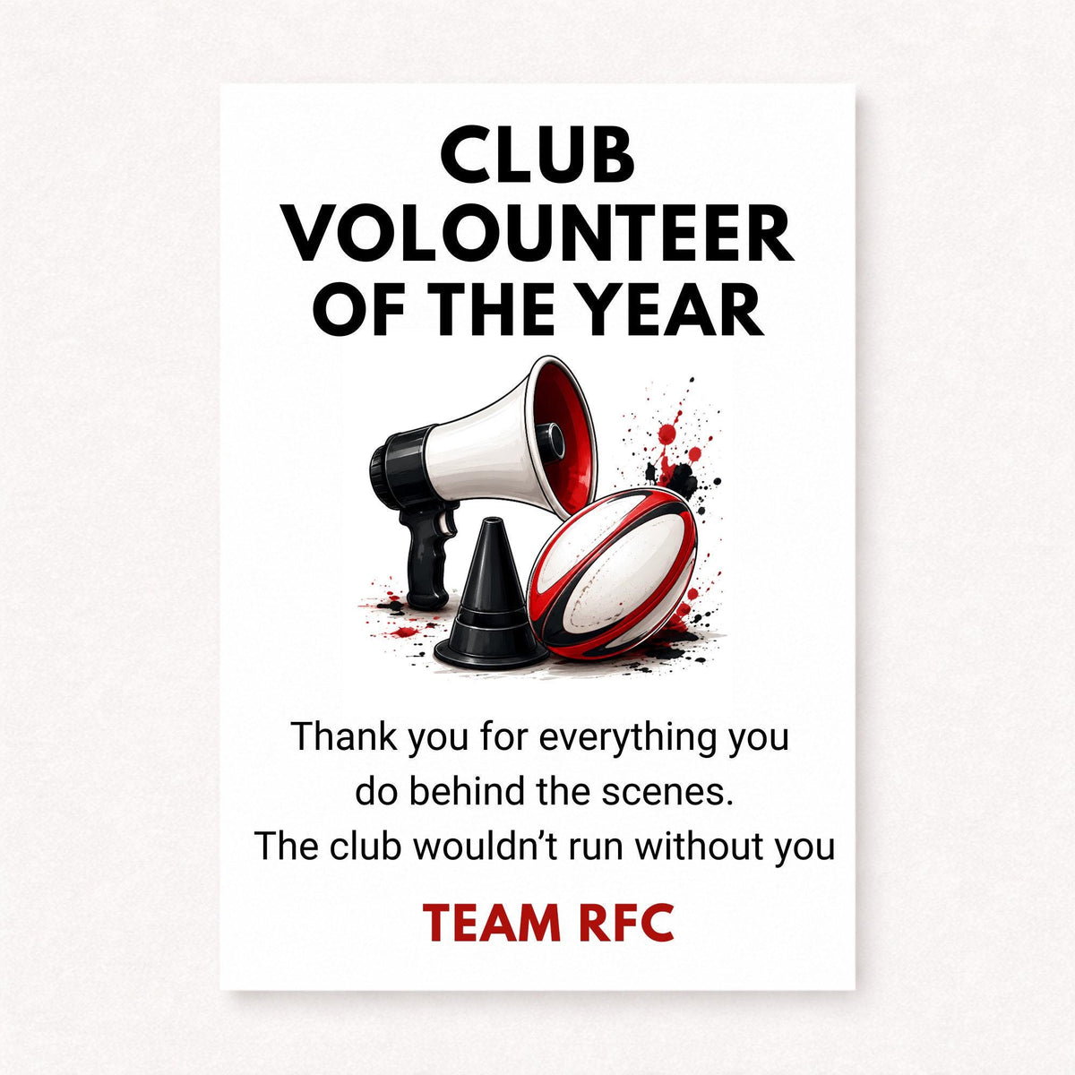 Personalised rugby club volunteer thank you card featuring rugby ball, megaphone and cone illustration with Club Volunteer Of The Year text