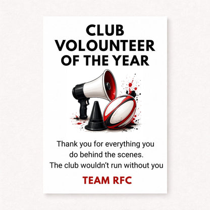 Personalised rugby club volunteer thank you card featuring rugby ball, megaphone and cone illustration with Club Volunteer Of The Year text