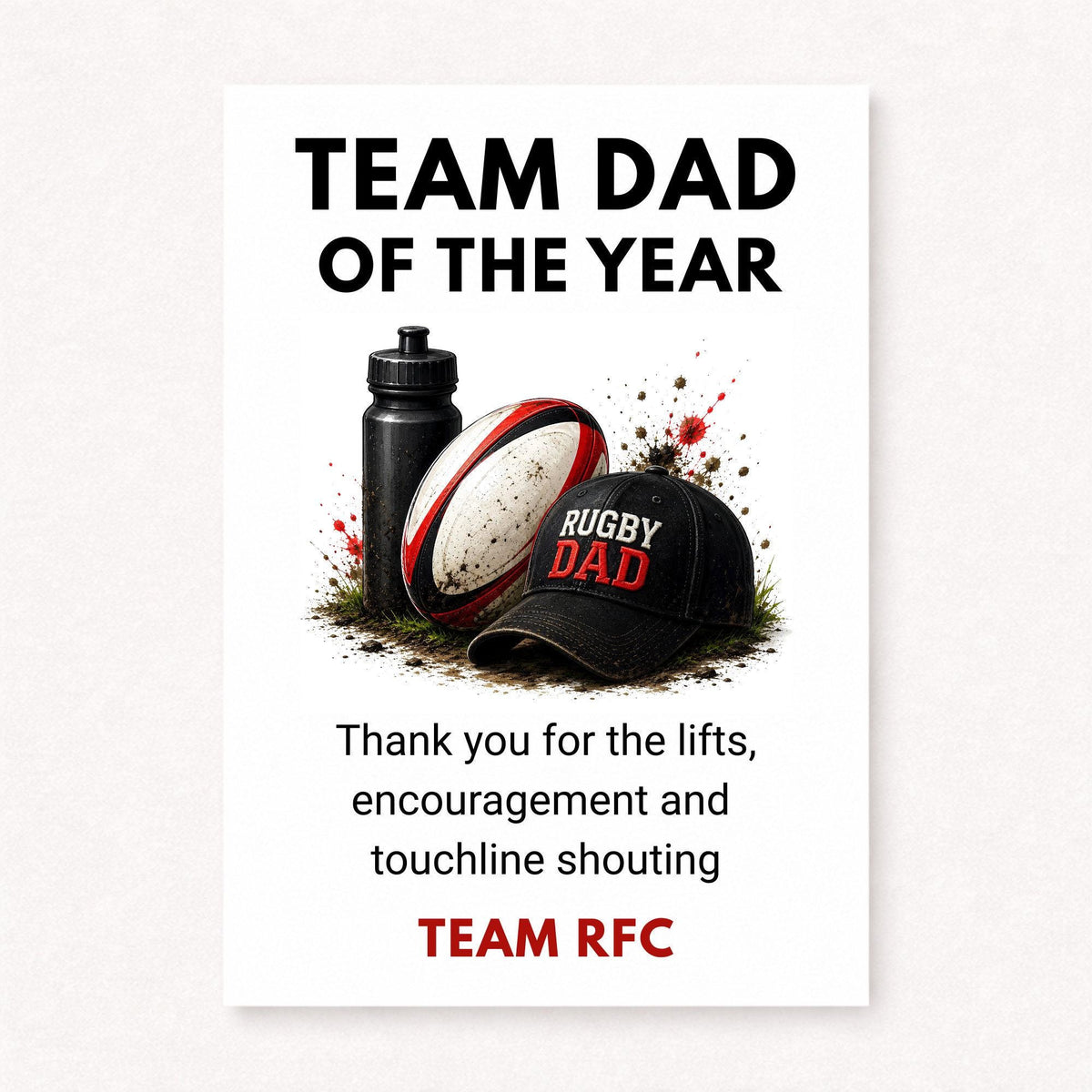 Personalised rugby team dad thank you card featuring rugby ball, sports bottle and Rugby Dad cap illustration with Team Dad Of The Year text