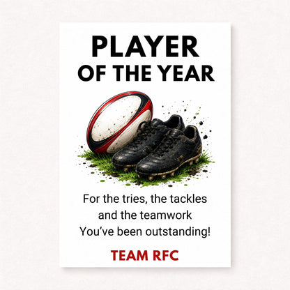 Personalised rugby player of the year card featuring rugby ball and muddy rugby boots illustration with Player Of The Year text