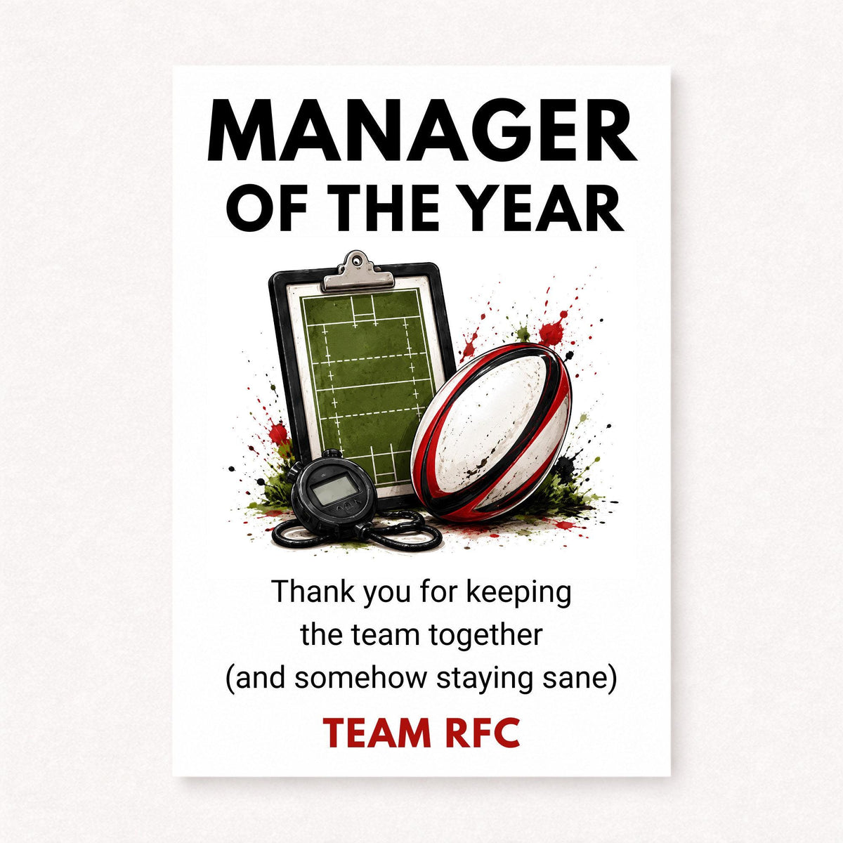 Personalised rugby manager thank you card featuring rugby ball, tactics board and stopwatch illustration with Manager Of The Year text