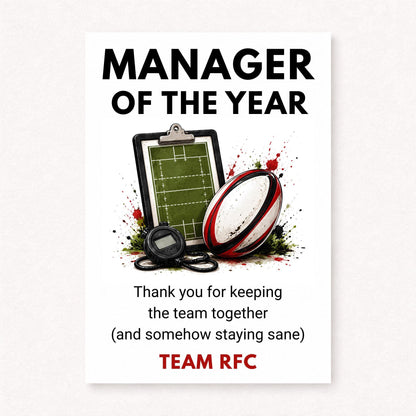Personalised rugby manager thank you card featuring rugby ball, tactics board and stopwatch illustration with Manager Of The Year text