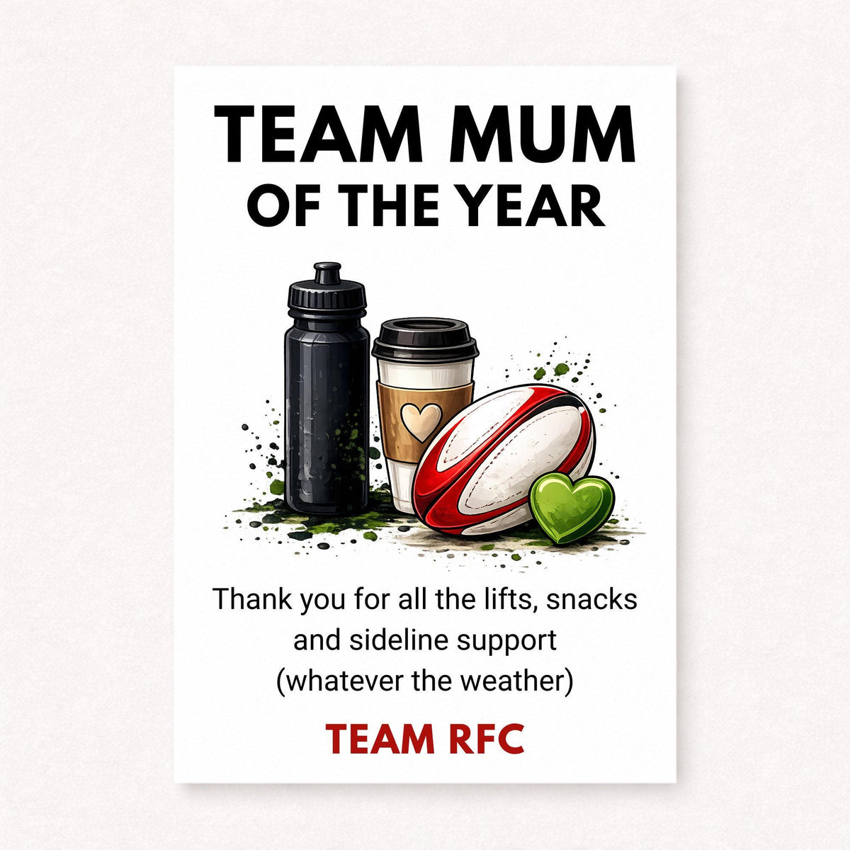 Personalised rugby team mum thank you card featuring rugby ball, coffee cup and sports bottle illustration with Team Mum Of The Year text