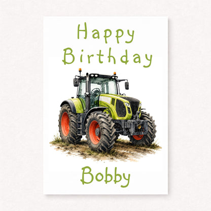 Personalised A5 farming birthday card featuring a green tractor inspired by a Claas-style agricultural tractor on a white background with subtle earthy ground detail. Customised with any name and suitable for farmers and tractor enthusiasts.