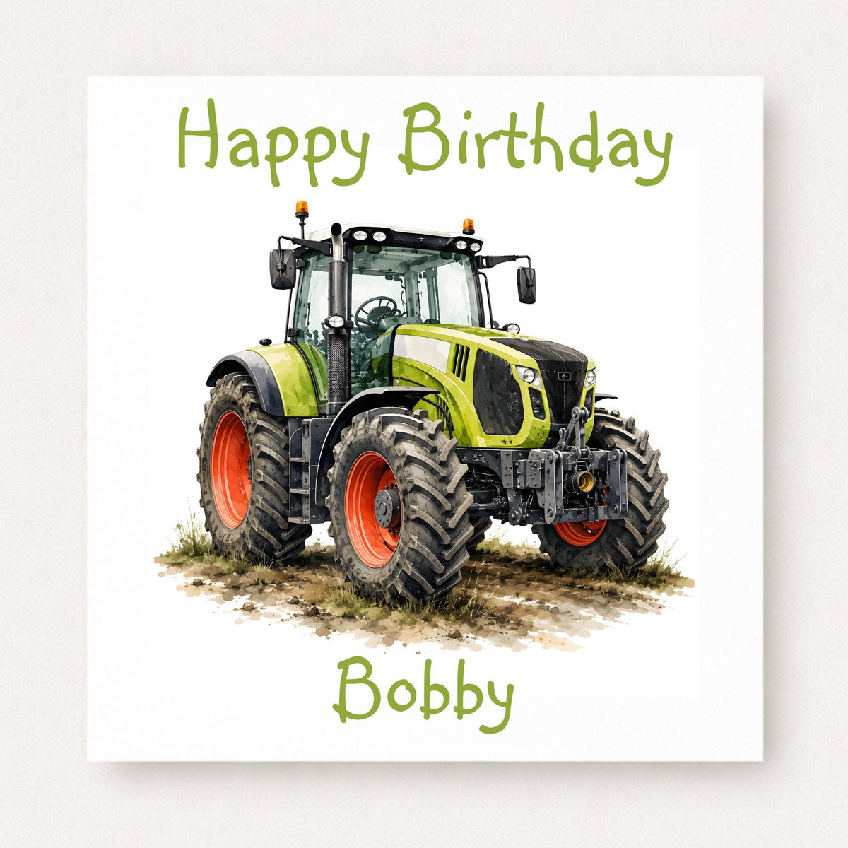 Personalised farming birthday card featuring a green tractor inspired by a Claas-style agricultural tractor on a white background with subtle earthy ground detail. Customised with any name and suitable for farmers and tractor enthusiasts.