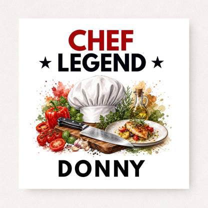 Personalised Chef Legend greeting card featuring a chef's hat, chopping board, chef's knife, herbs, vegetables, olive oil and plated meal, with the name "Donny" displayed beneath the artwork.