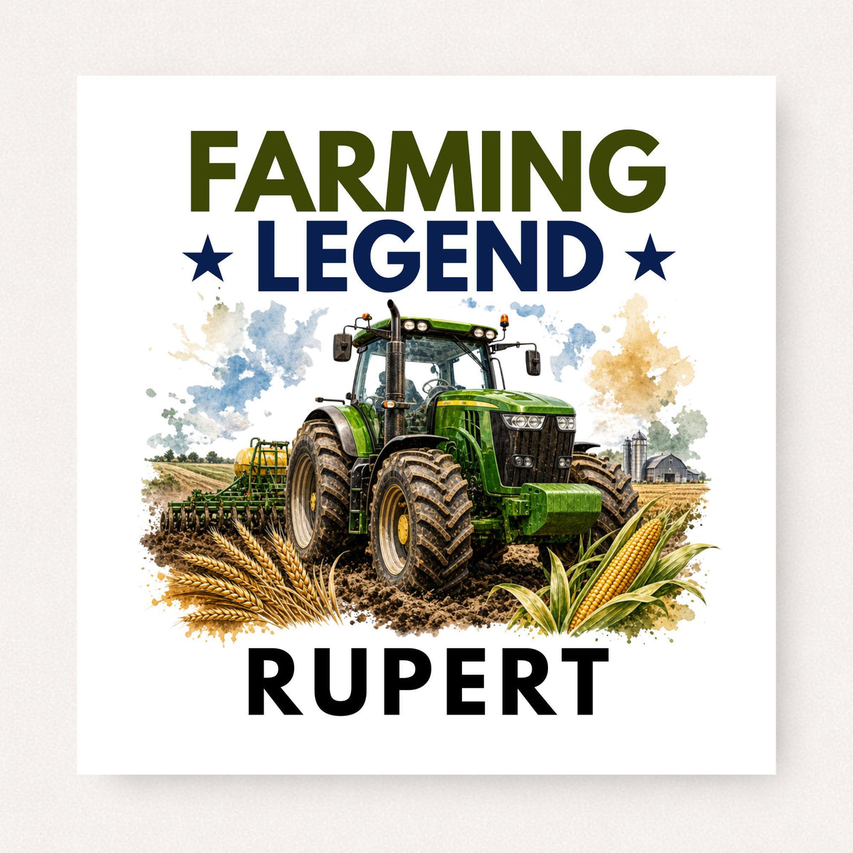 Personalised Farming Legend greeting card featuring a green tractor, wheat, corn and farmland, customised with the name "Rupert".