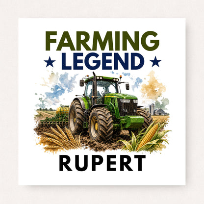 Personalised Farming Legend greeting card featuring a green tractor, wheat, corn and farmland, customised with the name "Rupert".