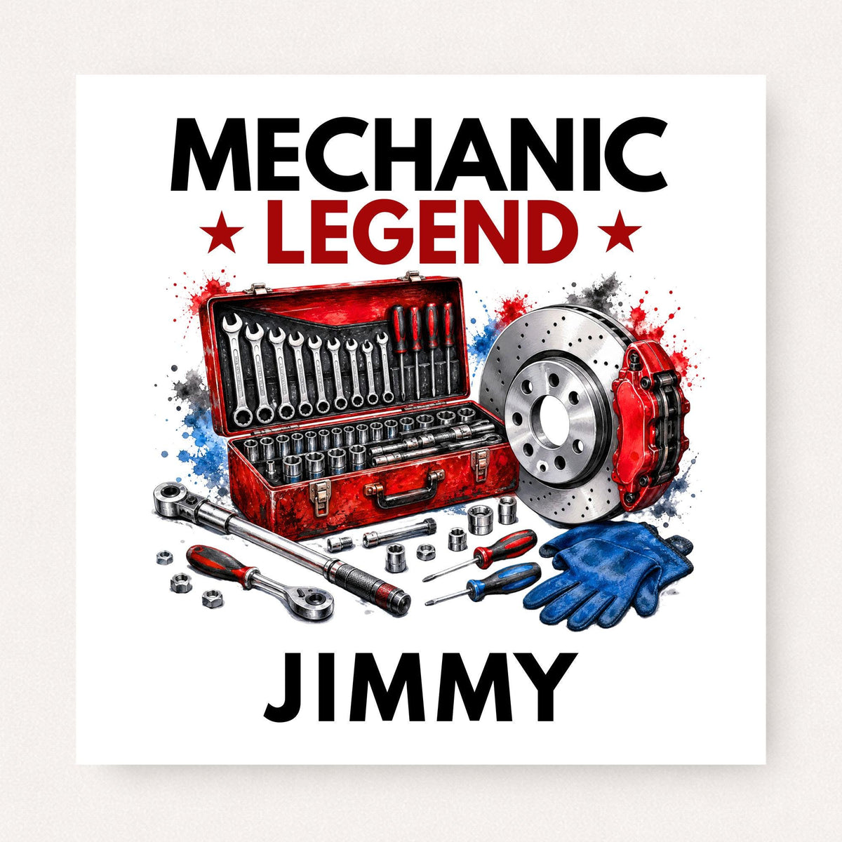 Personalised Mechanic Legend greeting card featuring a mechanic's toolbox, spanners, brake disc, brake caliper, ratchets and workshop tools, customised with the name "Jimmy".