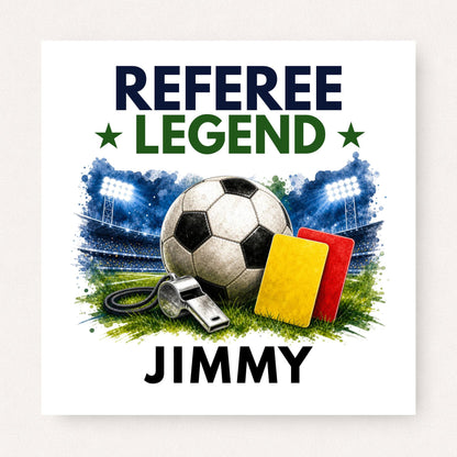 Personalised Referee Legend greeting card featuring a football, referee whistle, yellow card, red card and stadium lights, customised with the name "Jimmy".