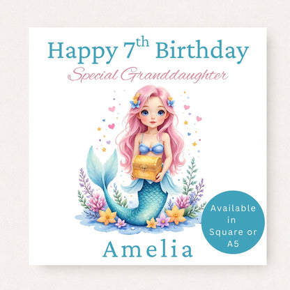 ersonalised 7th birthday card featuring a pastel mermaid holding a treasure chest, customised with the name "Amelia" and the wording "Special Granddaughter".