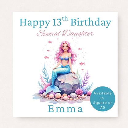 Personalised 13th birthday card featuring a pastel mermaid sitting on a rock, customised with the name "Emma" and the wording "Special Daughter".