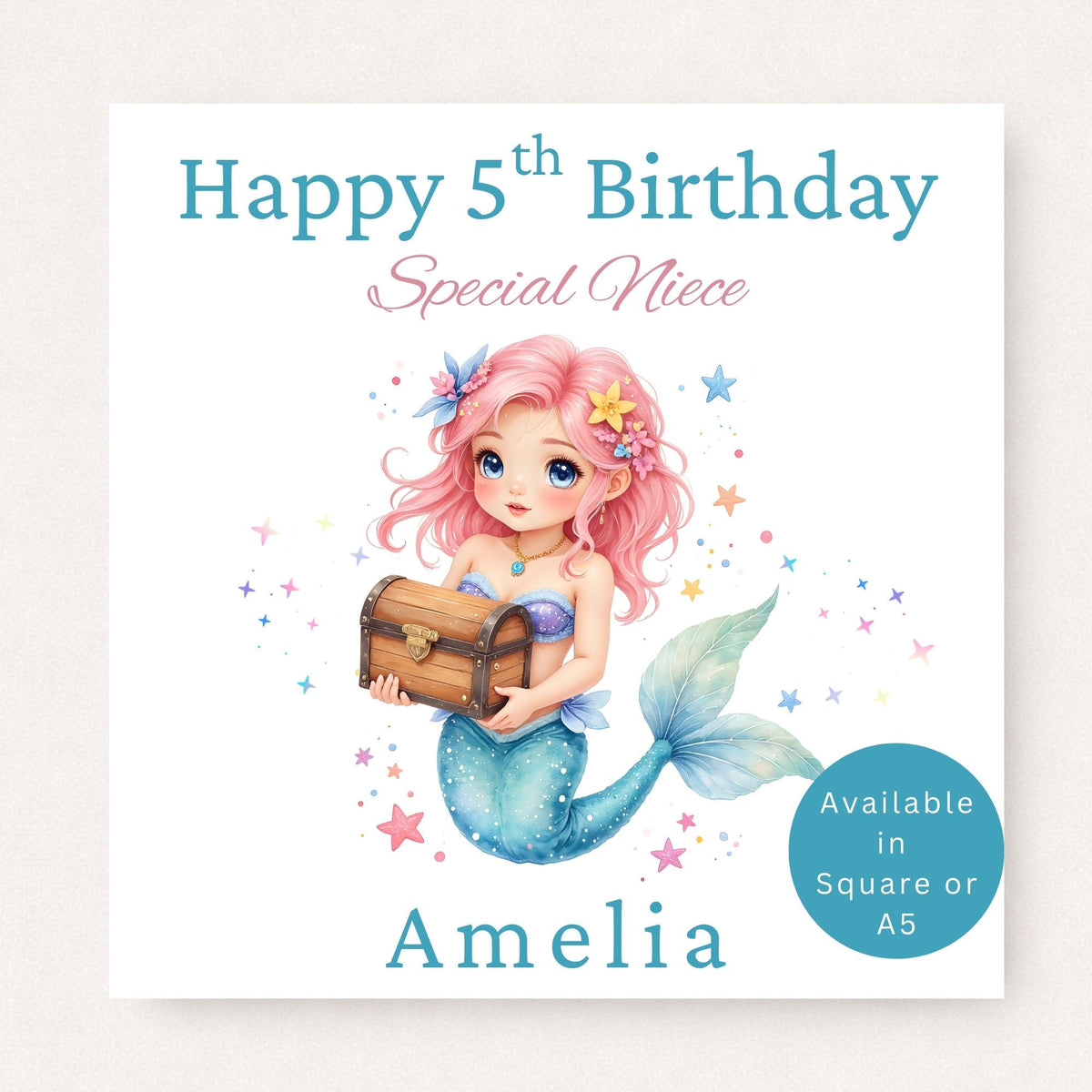 Personalised 5th birthday card featuring a pastel mermaid holding a treasure chest, customised with the name "Amelia" and the wording "Special Niece".