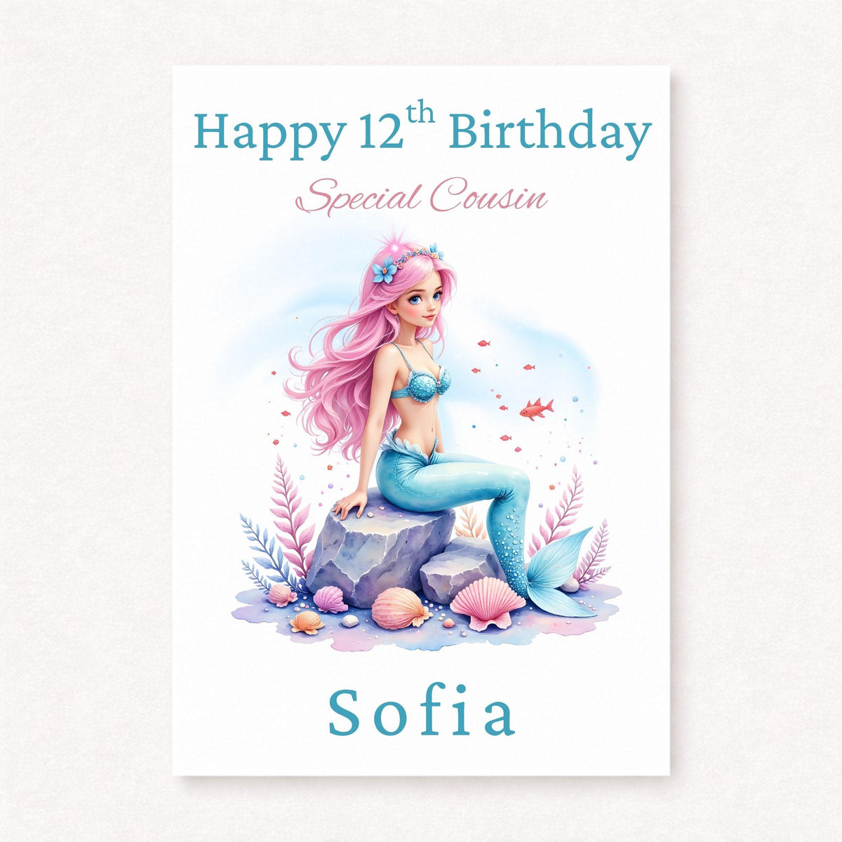 Personalised Mermaid Birthday Card | 12th Birthday Cousin Card | Mermaid Gift for Girls | Custom Birthday Card
