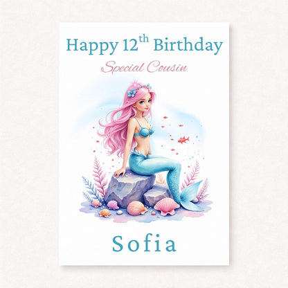 Personalised Mermaid Birthday Card | 12th Birthday Cousin Card | Mermaid Gift for Girls | Custom Birthday Card