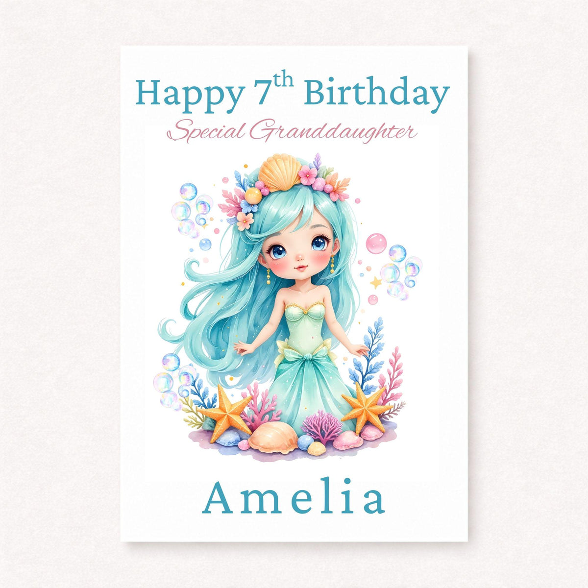 Personalised Mermaid Birthday Card | 7th Birthday Granddaughter Card | Mermaid Gift for Girls | Custom Birthday Card