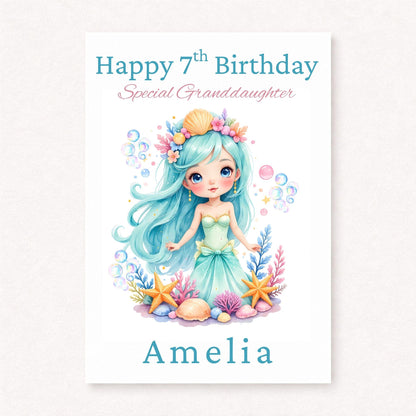 Personalised Mermaid Birthday Card | 7th Birthday Granddaughter Card | Mermaid Gift for Girls | Custom Birthday Card