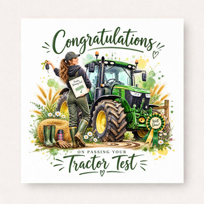 Congratulations card featuring a female farmer celebrating after passing her tractor test, standing beside a green tractor with a certificate and rosette award.
