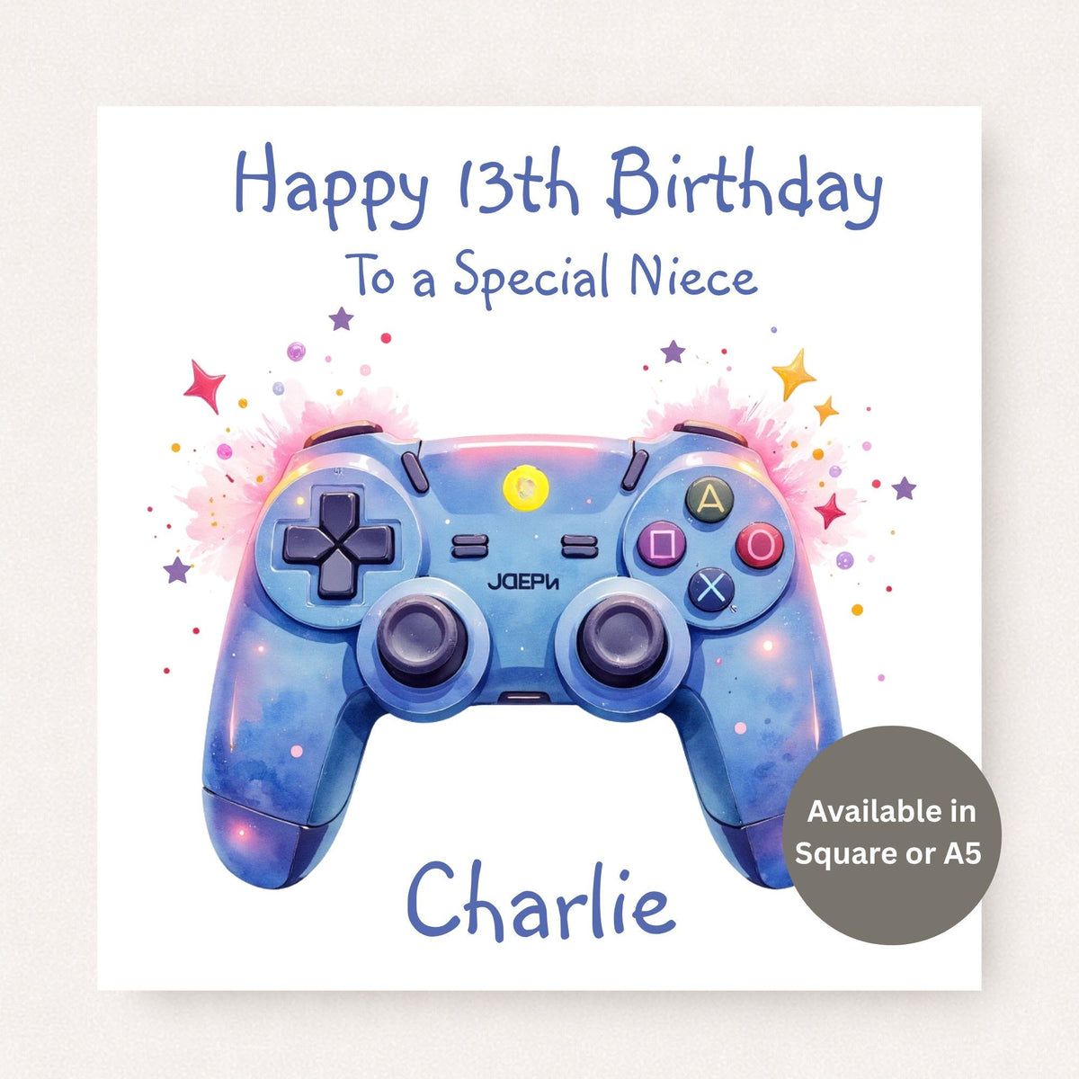 Personalised 13th birthday card for niece featuring a colourful blue gaming controller design, customised with name and available in square or A5.
