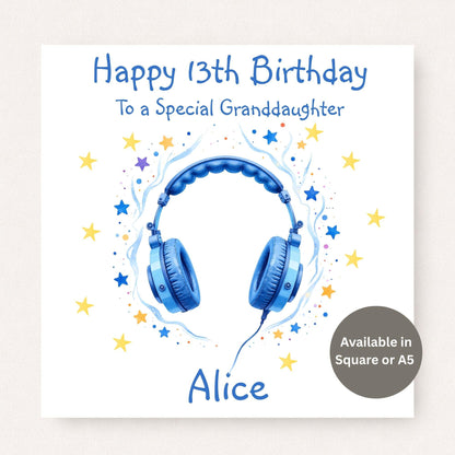 Personalised 13th birthday card for granddaughter featuring blue headphones surrounded by colourful stars, customised with name and available in square or A5.