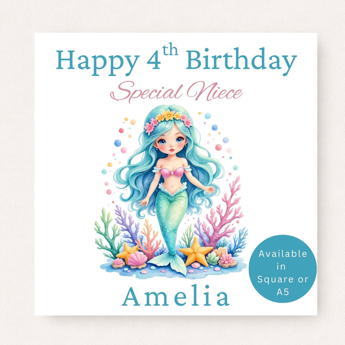 Personalised 4th birthday mermaid card for niece featuring a colourful blue-haired mermaid surrounded by coral, starfish and seashells, customised with name.