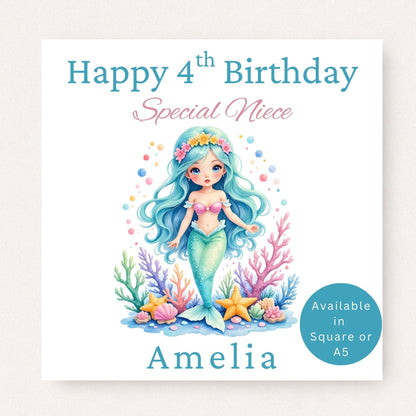 Personalised 4th birthday mermaid card for niece featuring a colourful blue-haired mermaid surrounded by coral, starfish and seashells, customised with name.