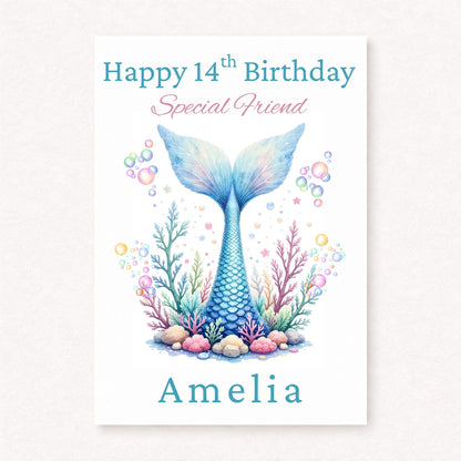 Personalised 14th Birthday Friend Card, Mermaid Birthday Card for Teenage Girl, Custom Name