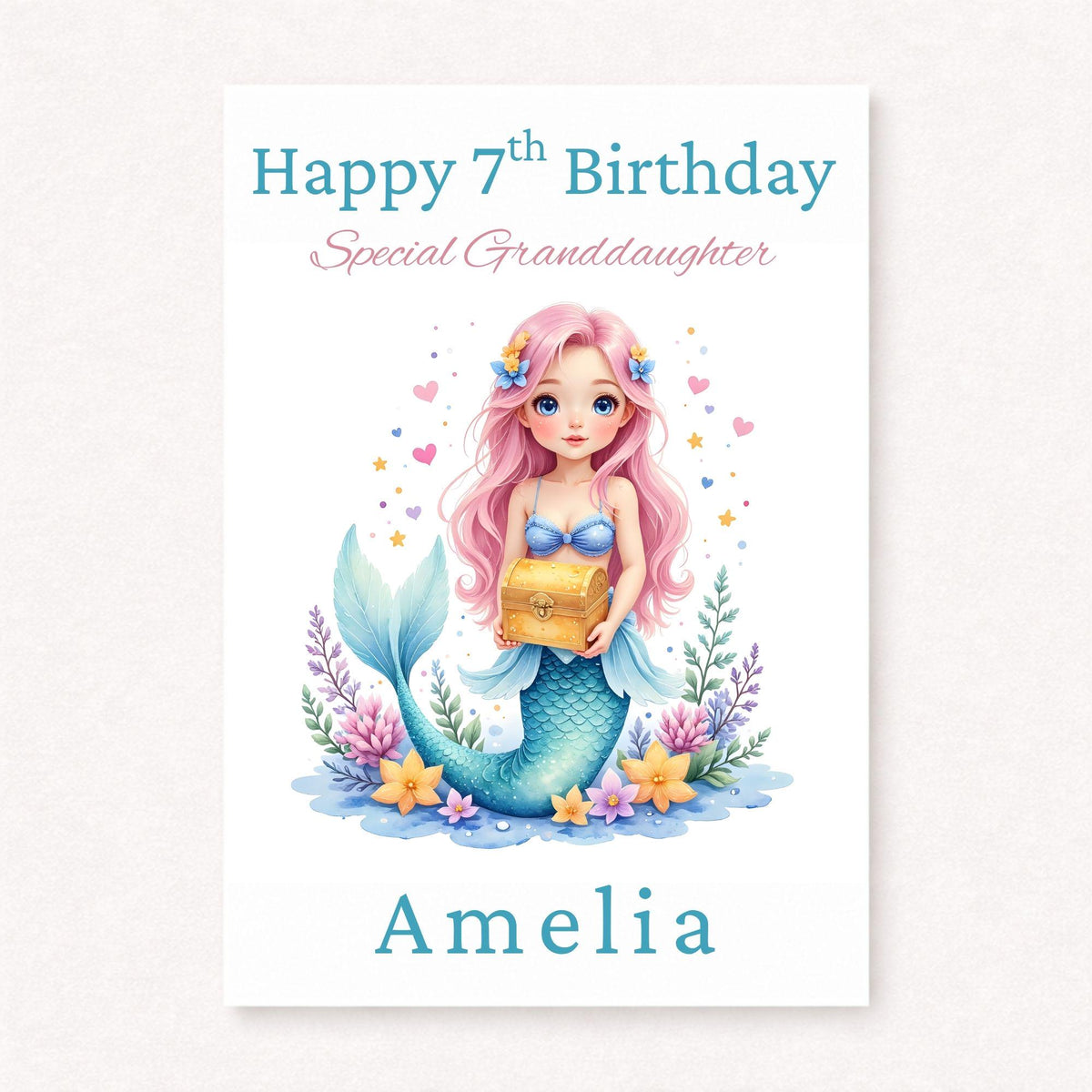 Personalised Mermaid Birthday Card | 7th Birthday Granddaughter Card | Mermaid Gift for Girls | Custom Birthday Card