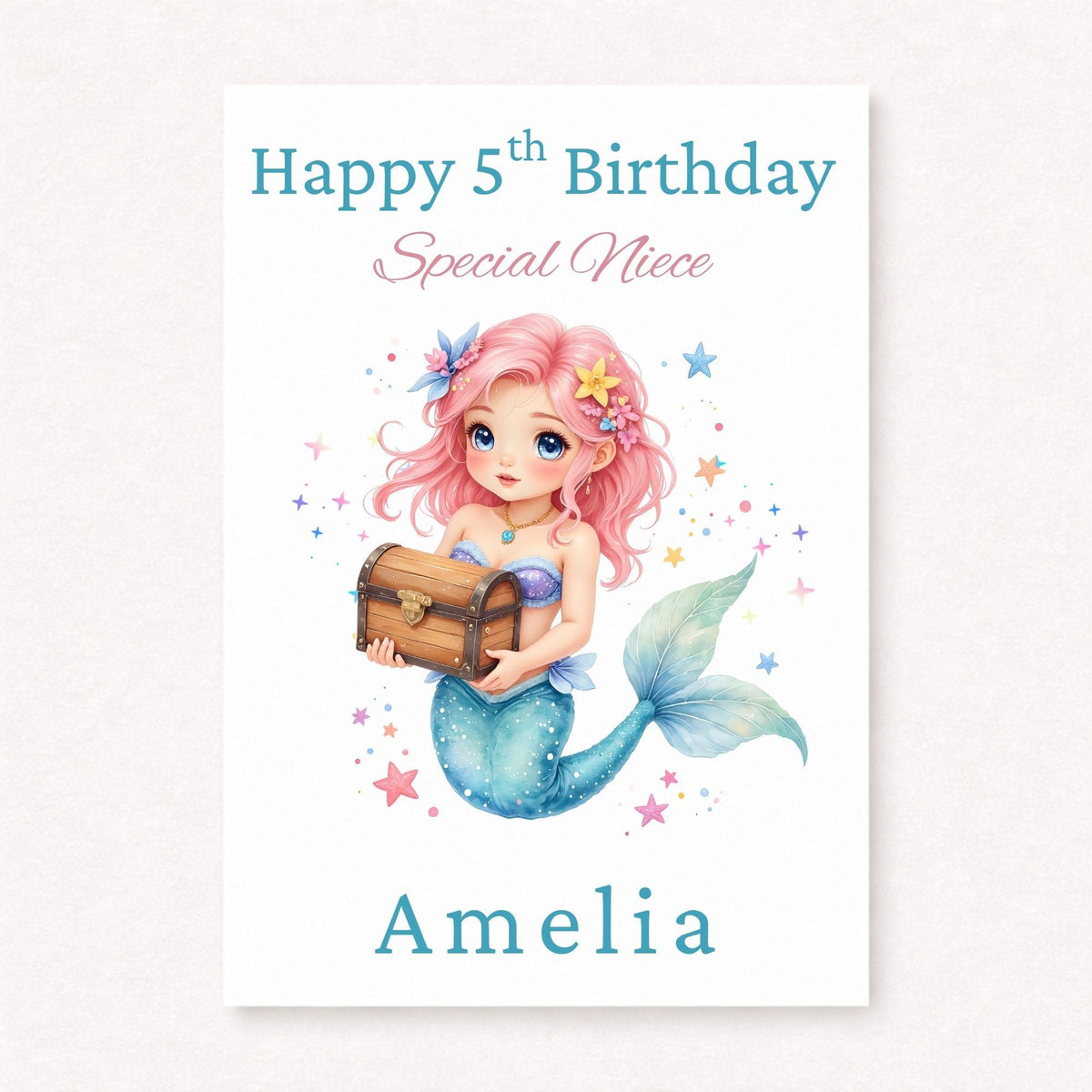 Personalised Mermaid Birthday Card | 5th Birthday Niece Card | Mermaid Gift for Girls | Custom Mermaid Birthday Card