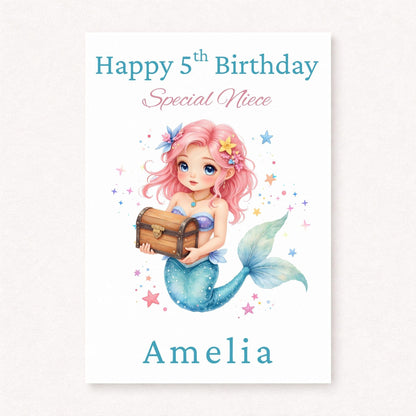 Personalised Mermaid Birthday Card | 5th Birthday Niece Card | Mermaid Gift for Girls | Custom Mermaid Birthday Card