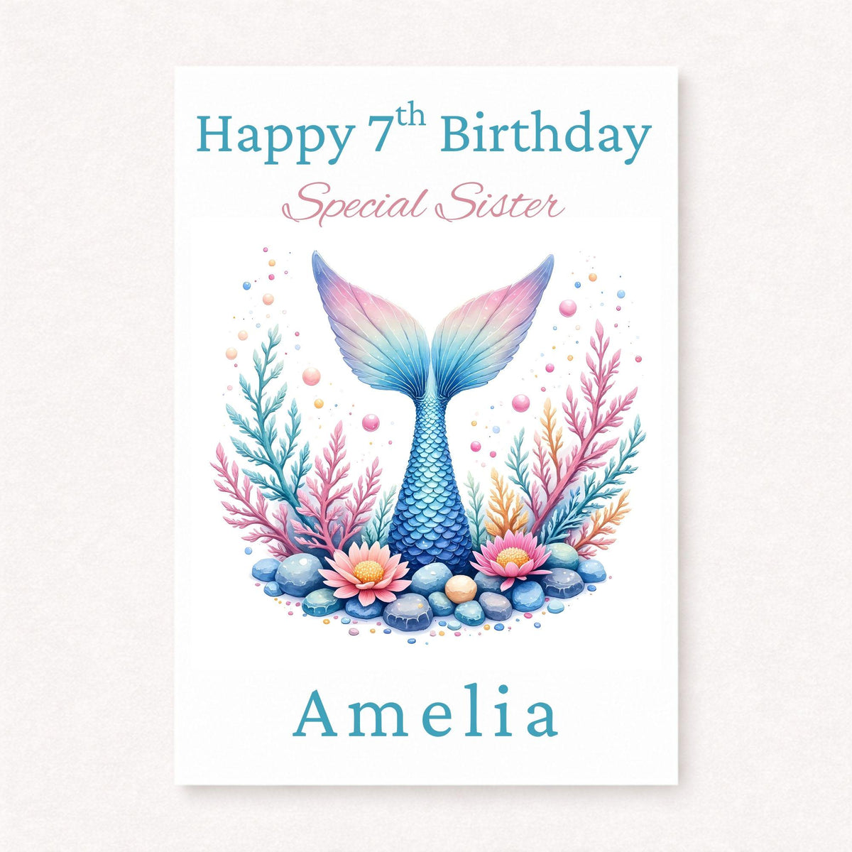 Personalised Mermaid Birthday Card | 7th Birthday Sister Card | Mermaid Gift for Girls | Custom Birthday Card