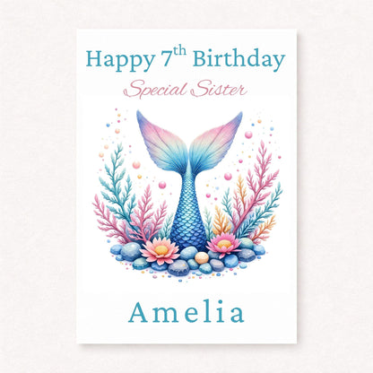 Personalised Mermaid Birthday Card | 7th Birthday Sister Card | Mermaid Gift for Girls | Custom Birthday Card
