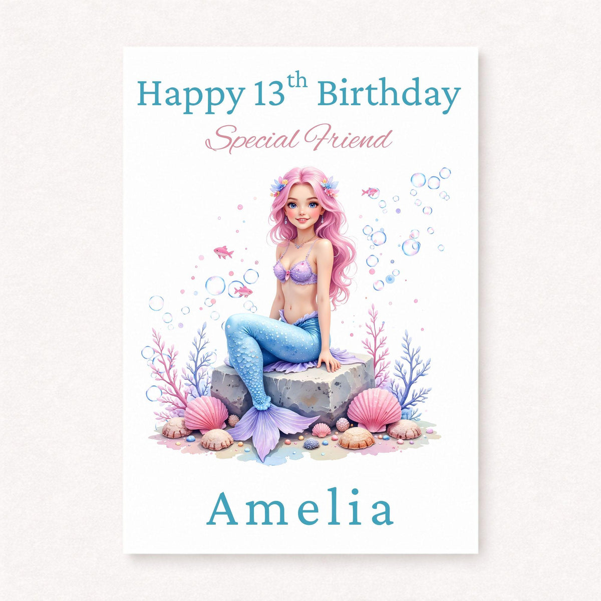 Personalised Mermaid Birthday Card | 13th Birthday Friend Card | Mermaid Gift for Girls | Teenage Birthday Card