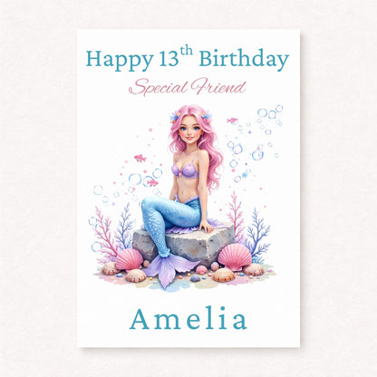 Personalised Mermaid Birthday Card | 13th Birthday Friend Card | Mermaid Gift for Girls | Teenage Birthday Card