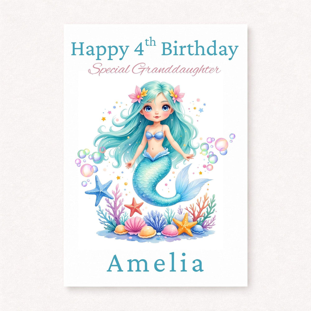 Personalised Mermaid Birthday Card | 4th Birthday Granddaughter Card | Mermaid Gift for Girls | Custom Birthday Card