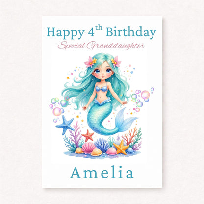 Personalised Mermaid Birthday Card | 4th Birthday Granddaughter Card | Mermaid Gift for Girls | Custom Birthday Card