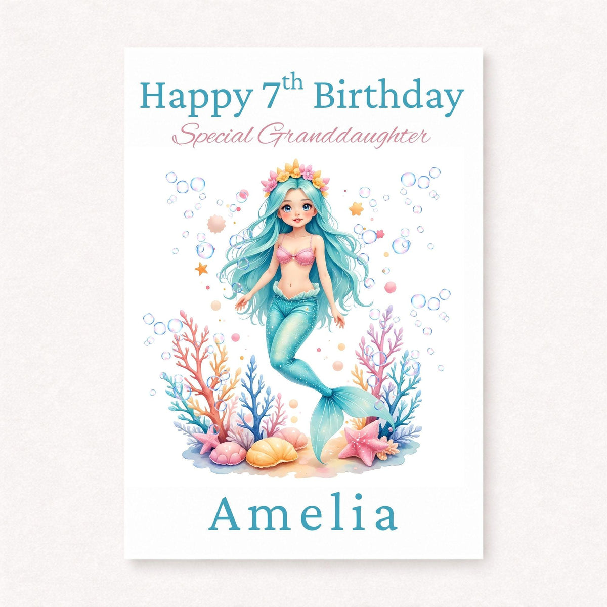 Personalised Mermaid Birthday Card | 7th Birthday Granddaughter Card | Mermaid Gift for Girls | Custom Birthday Card
