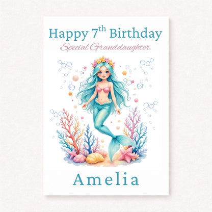 Personalised Mermaid Birthday Card | 7th Birthday Granddaughter Card | Mermaid Gift for Girls | Custom Birthday Card